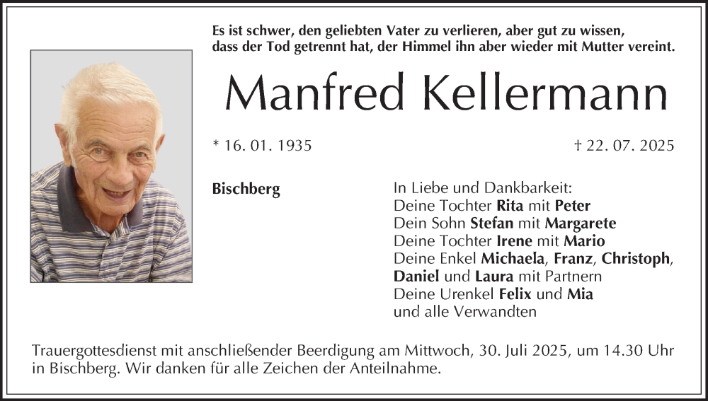  Traueranzeige für Manfred Kellermann vom 26.07.2025 aus MGO