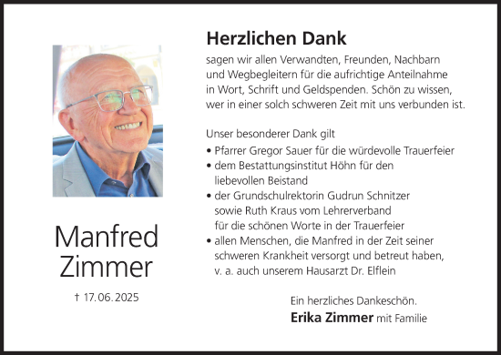 Anzeige von Manfred Zimmer von MGO