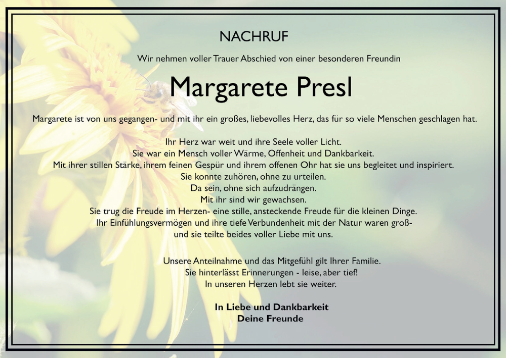  Traueranzeige für Margarete Presl vom 12.07.2025 aus MGO