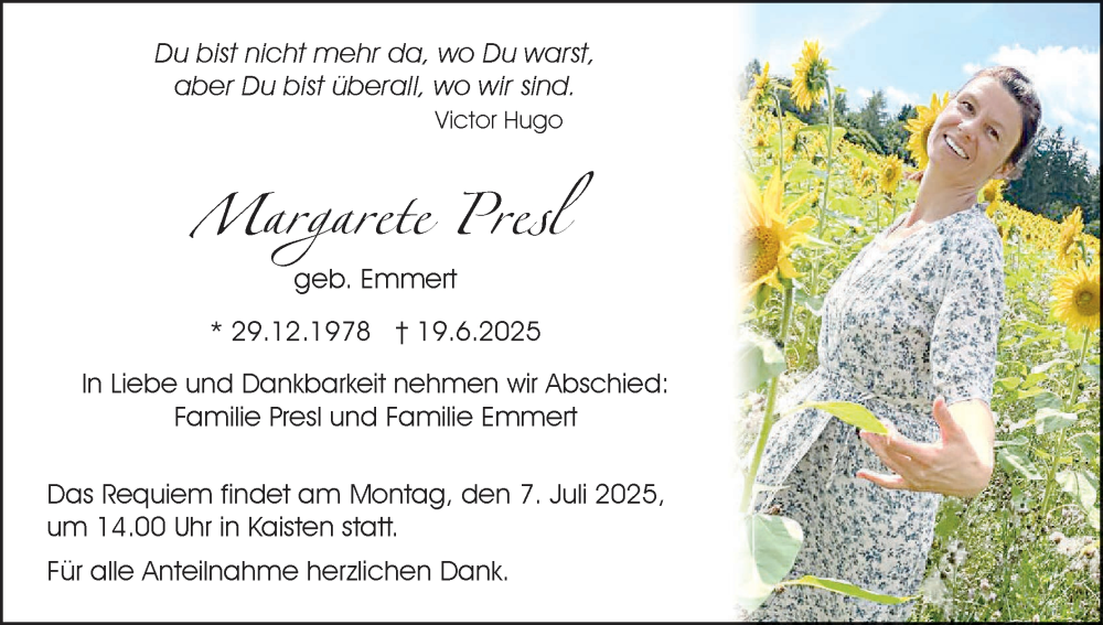  Traueranzeige für Margarete Presl vom 05.07.2025 aus MGO