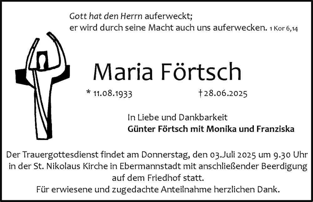  Traueranzeige für Maria Förtsch vom 02.07.2025 aus MGO
