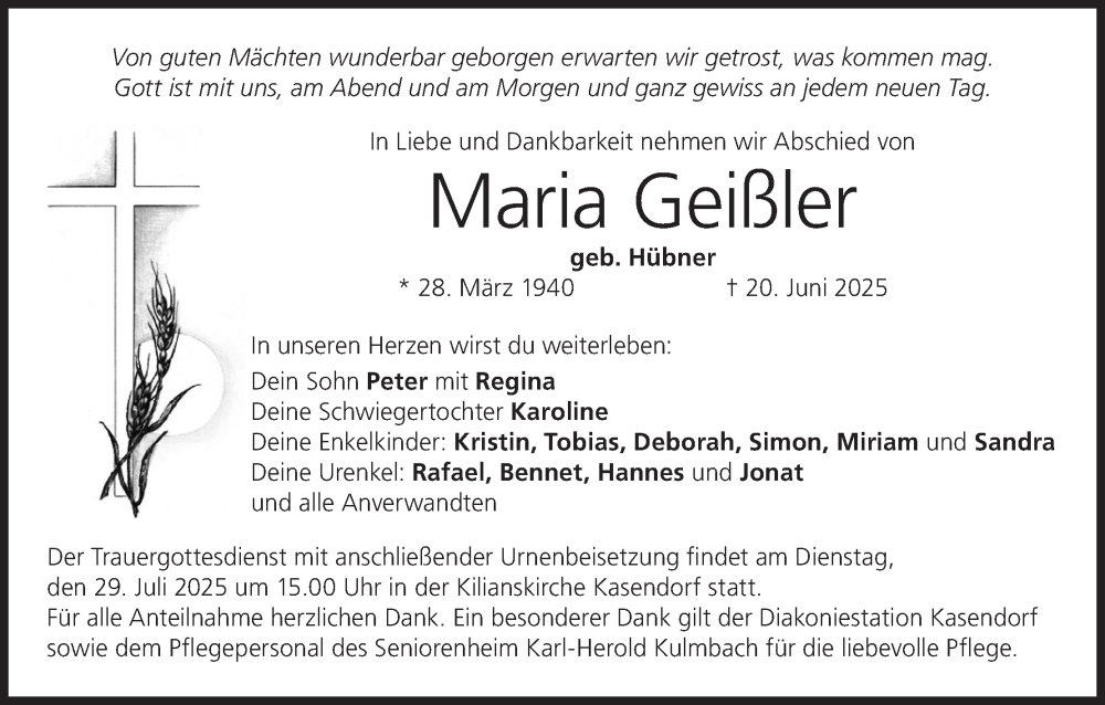  Traueranzeige für Maria Geißler vom 19.07.2025 aus MGO