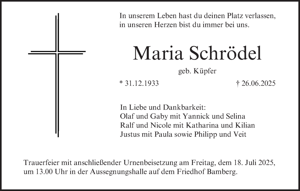  Traueranzeige für Maria Schrödel vom 12.07.2025 aus MGO