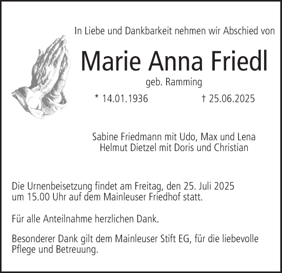Anzeige von Marie Anna Friedl von MGO