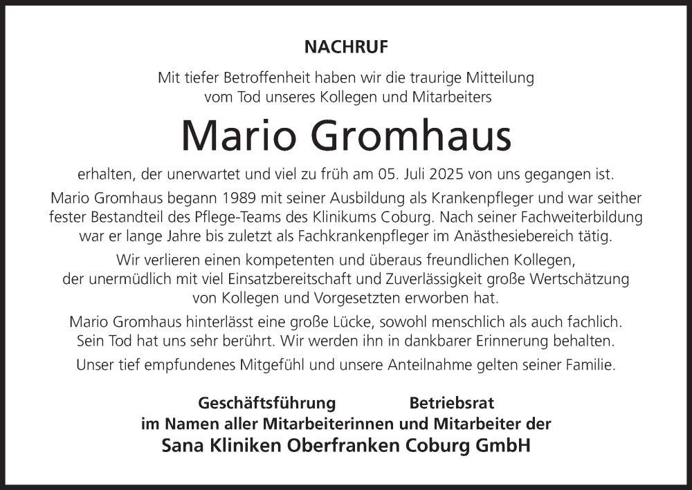  Traueranzeige für Mario Gromhaus vom 26.07.2025 aus MGO