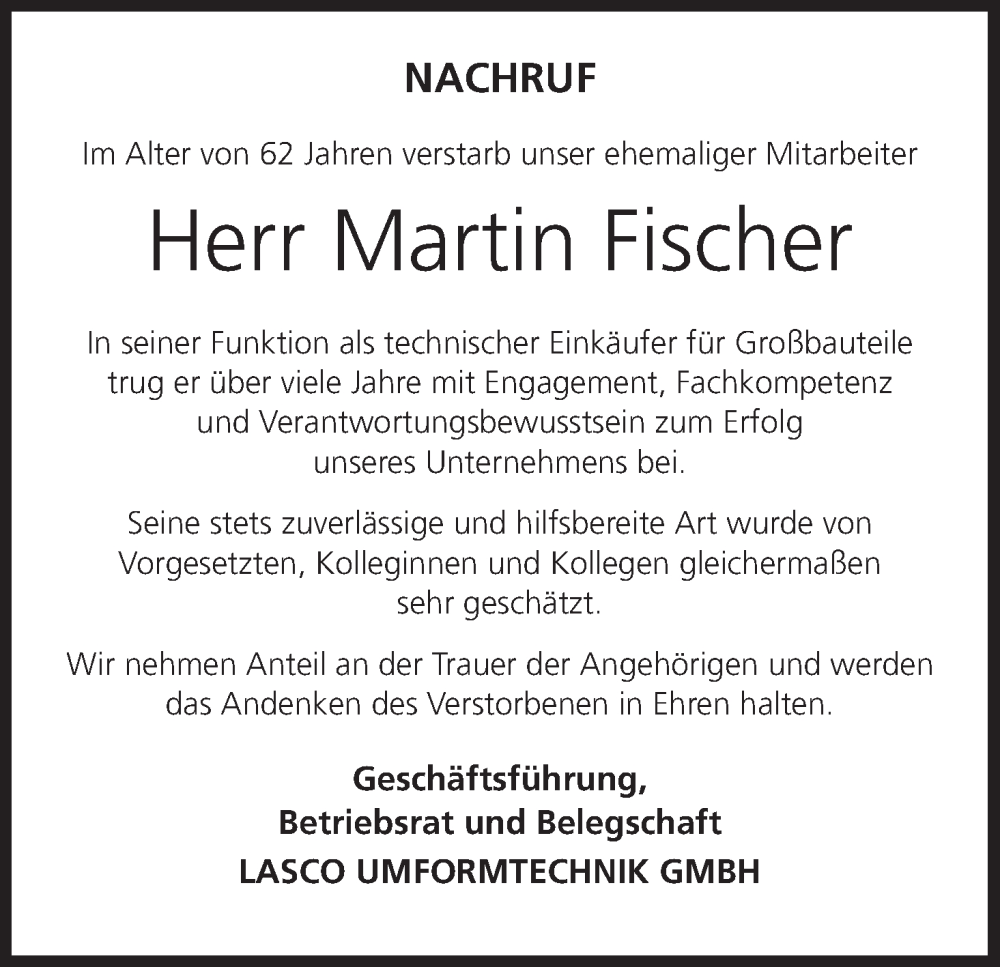  Traueranzeige für Martin Fischer vom 09.07.2025 aus MGO
