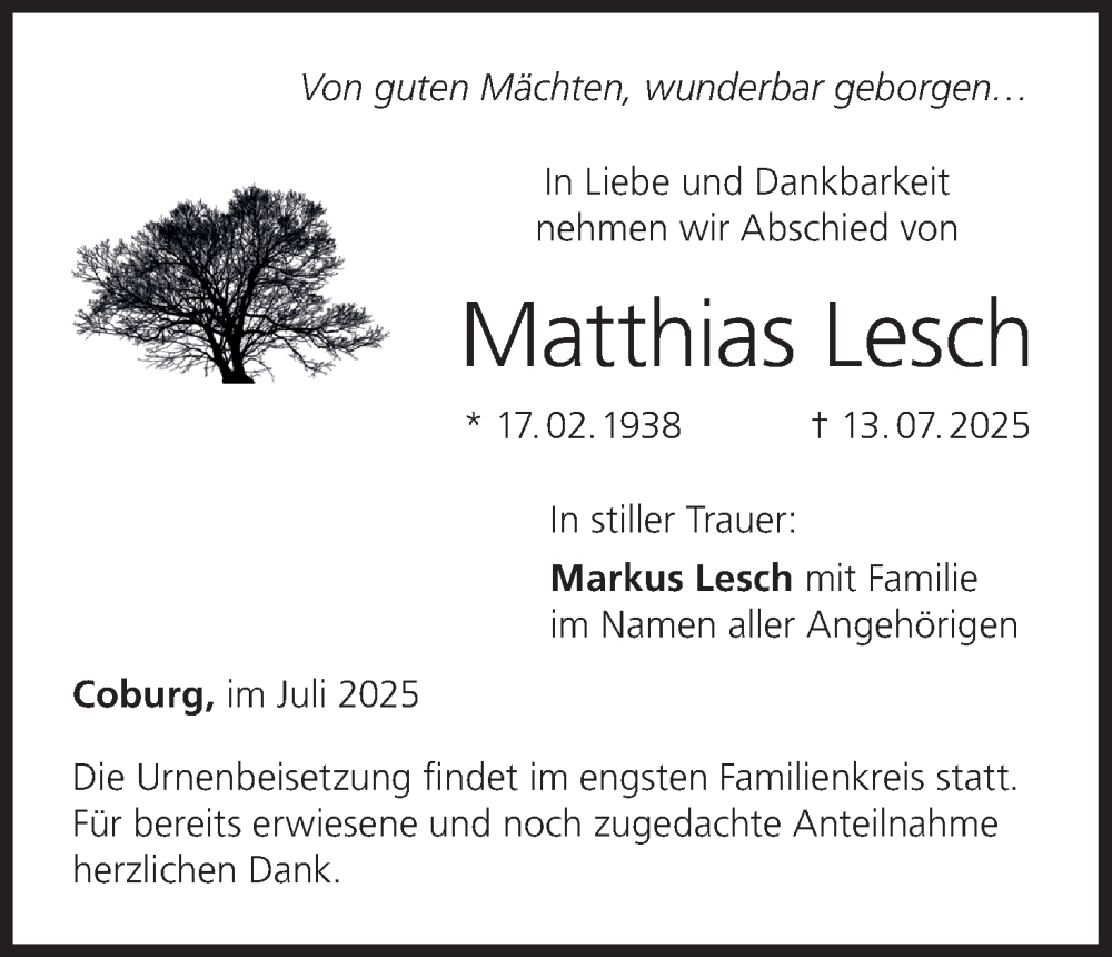  Traueranzeige für Matthias Lesch vom 19.07.2025 aus MGO