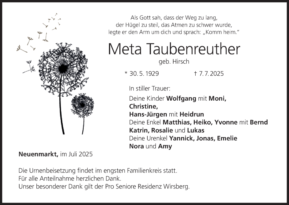  Traueranzeige für Meta Taubenreuther vom 12.07.2025 aus MGO