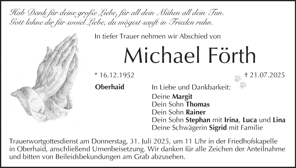  Traueranzeige für Michael Förth vom 26.07.2025 aus MGO