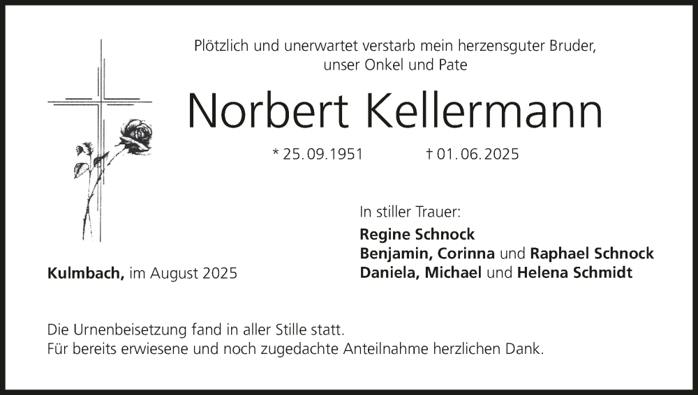  Traueranzeige für Norbert Kellermann vom 26.07.2025 aus MGO