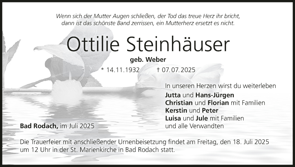  Traueranzeige für Ottilie Steinhäuser vom 12.07.2025 aus MGO