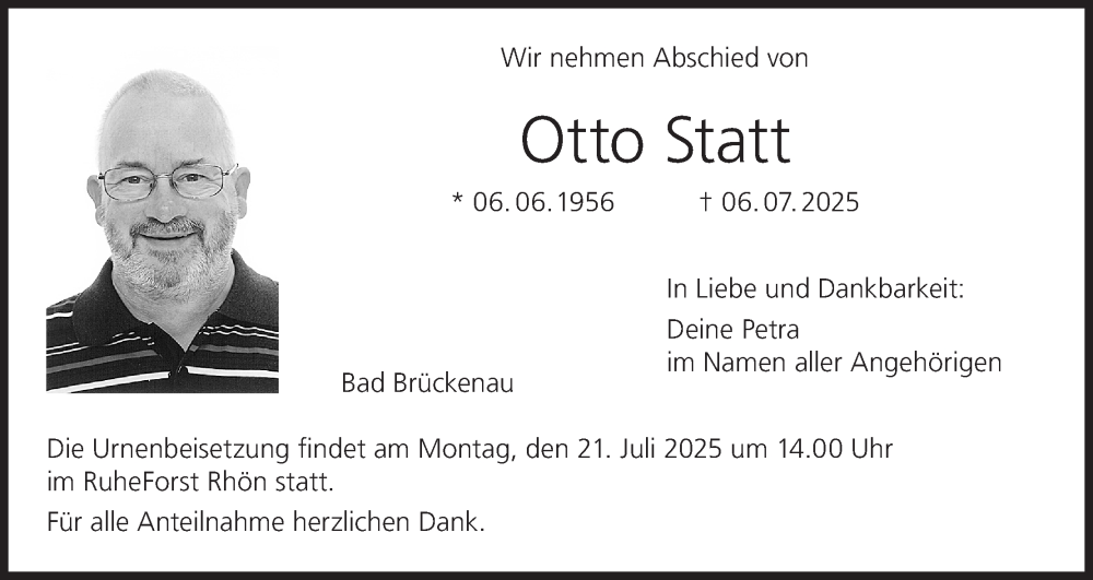  Traueranzeige für Otto Statt vom 12.07.2025 aus MGO