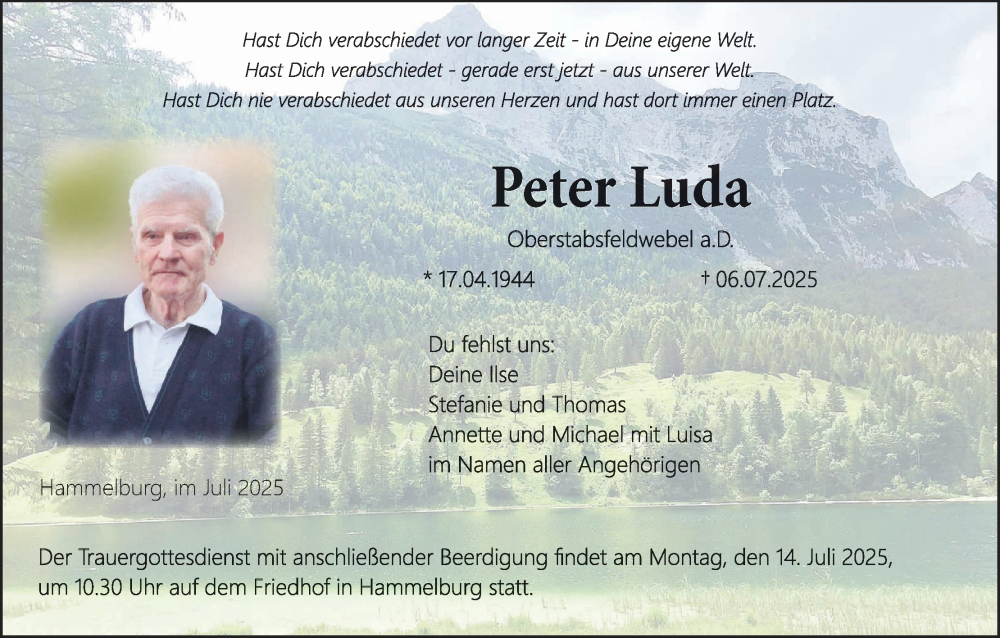 Traueranzeige für Peter Luda vom 10.07.2025 aus MGO