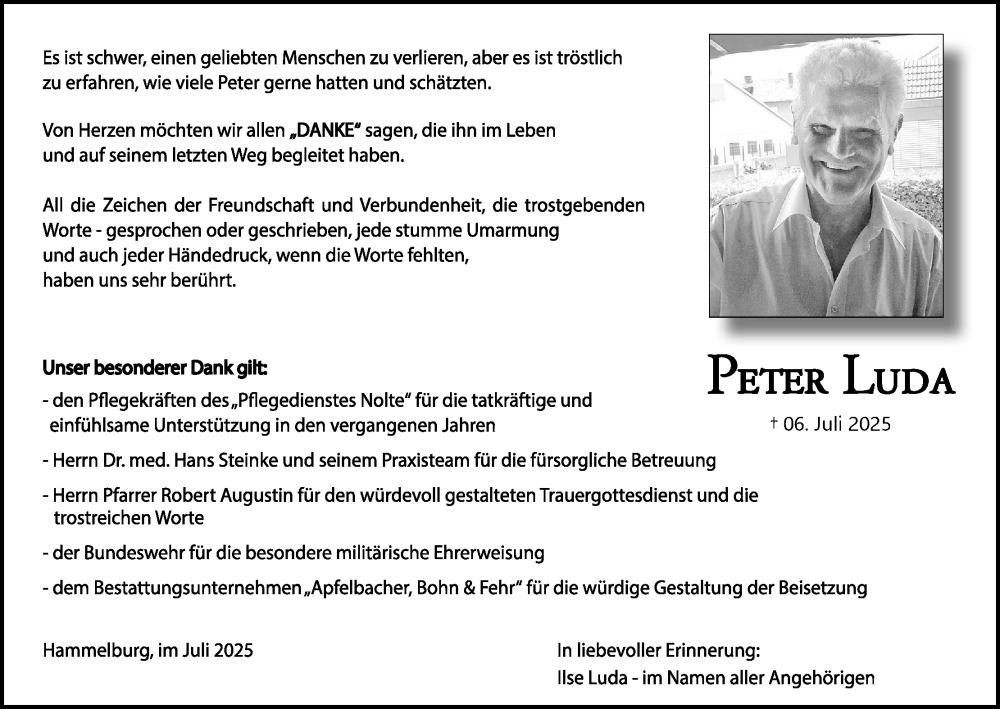  Traueranzeige für Peter Luda vom 26.07.2025 aus MGO