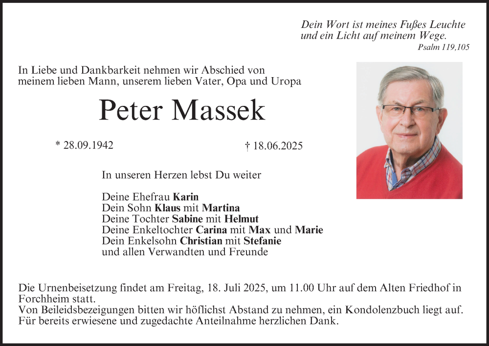  Traueranzeige für Peter Massek vom 12.07.2025 aus MGO