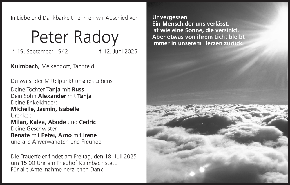  Traueranzeige für Peter Radoy vom 05.07.2025 aus MGO