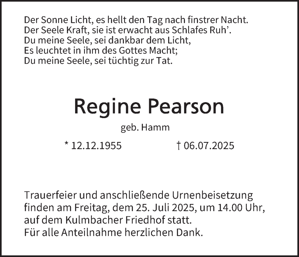  Traueranzeige für Regine Pearson vom 19.07.2025 aus MGO