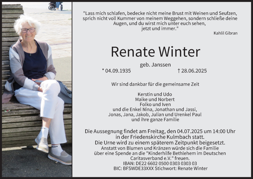  Traueranzeige für Renate Winter vom 02.07.2025 aus MGO