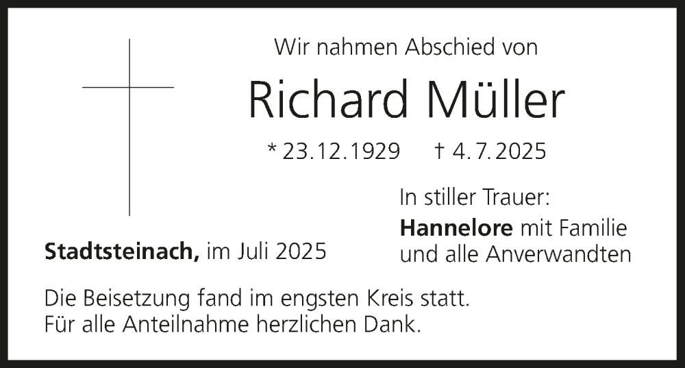  Traueranzeige für Richard Müller vom 26.07.2025 aus MGO