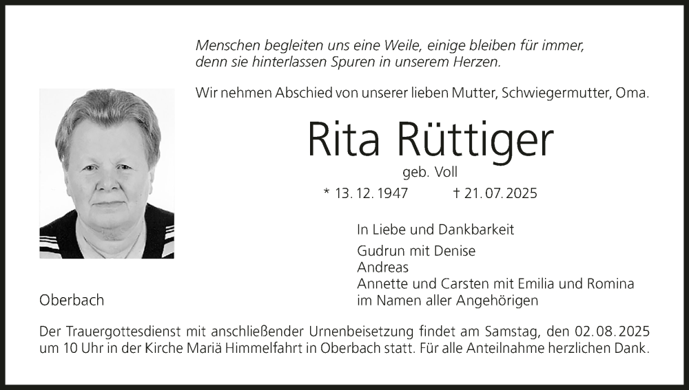  Traueranzeige für Rita Rüttiger vom 26.07.2025 aus MGO