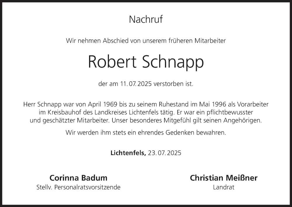  Traueranzeige für Robert Schnapp vom 28.07.2025 aus MGO