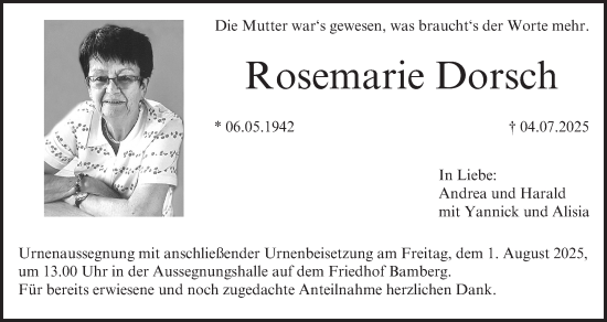 Anzeige von Rosemarie Dorsch von MGO