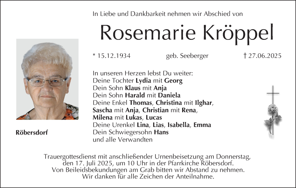  Traueranzeige für Rosemarie Kröppel vom 12.07.2025 aus MGO