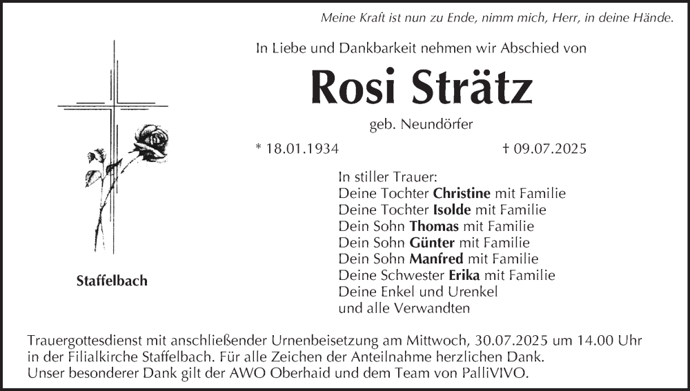  Traueranzeige für Rosi Strätz vom 26.07.2025 aus MGO