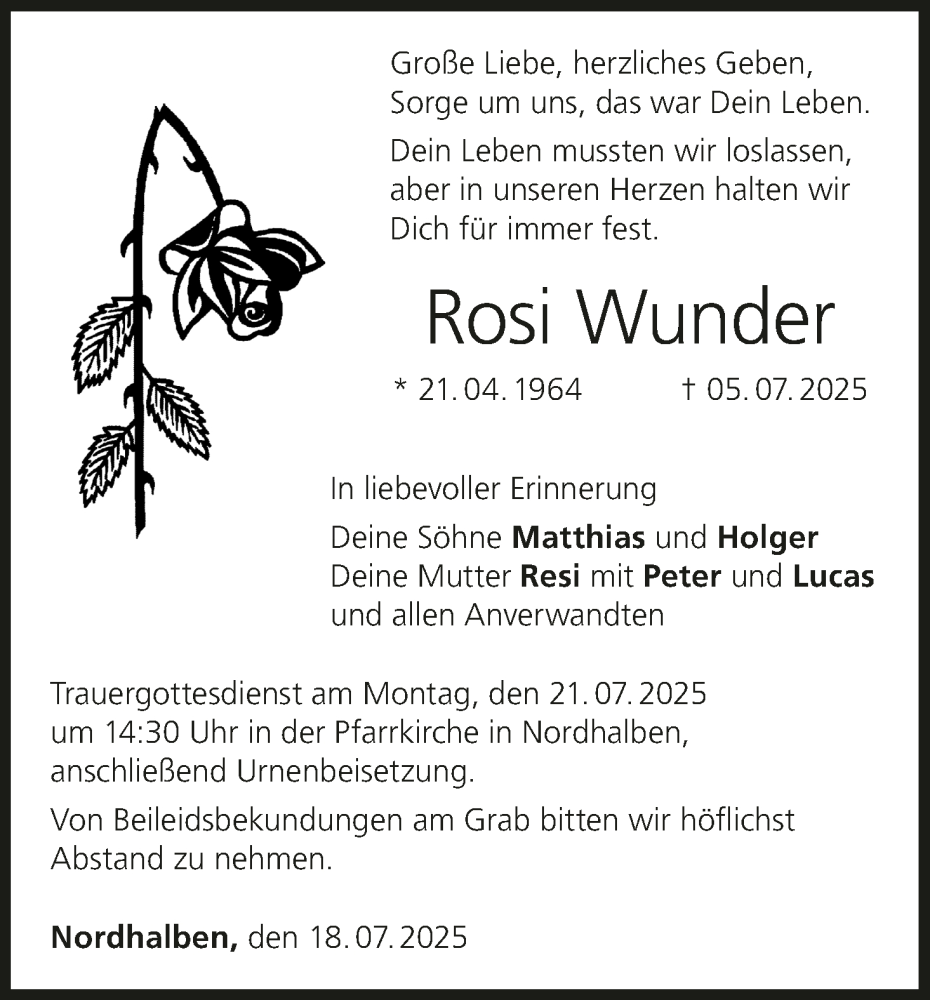  Traueranzeige für Rosi Wunder vom 18.07.2025 aus MGO