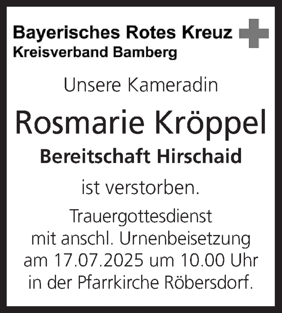  Traueranzeige für Rosmarie Kröppel vom 15.07.2025 aus MGO