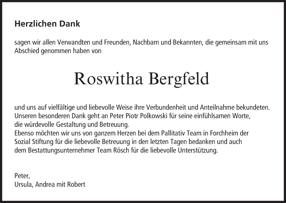  Traueranzeige für Roswitha Bergfeld vom 12.07.2025 aus MGO