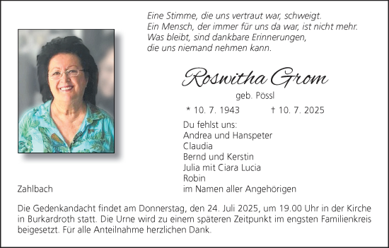 Anzeige von Roswitha Grom von MGO