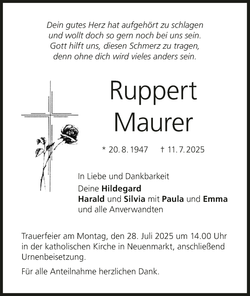  Traueranzeige für Ruppert Maurer vom 19.07.2025 aus MGO