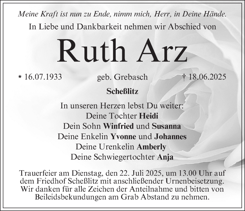 Traueranzeige für Ruth Arz vom 19.07.2025 aus MGO