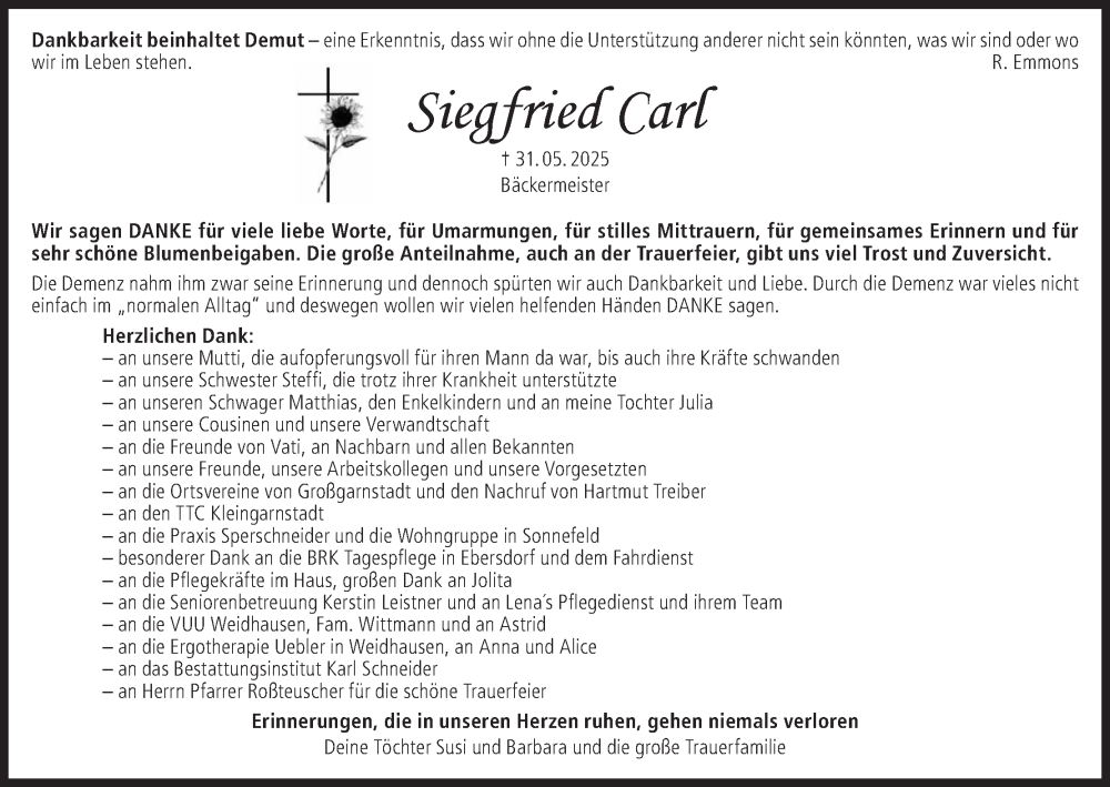  Traueranzeige für Siegfried Carl vom 19.07.2025 aus MGO