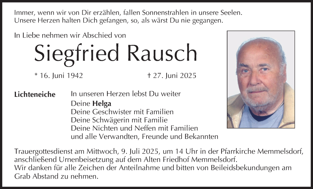  Traueranzeige für Siegfried Rausch vom 05.07.2025 aus MGO