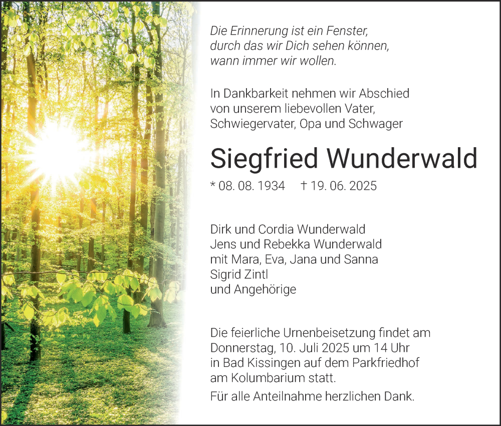  Traueranzeige für Siegfried Wunderwald vom 05.07.2025 aus MGO