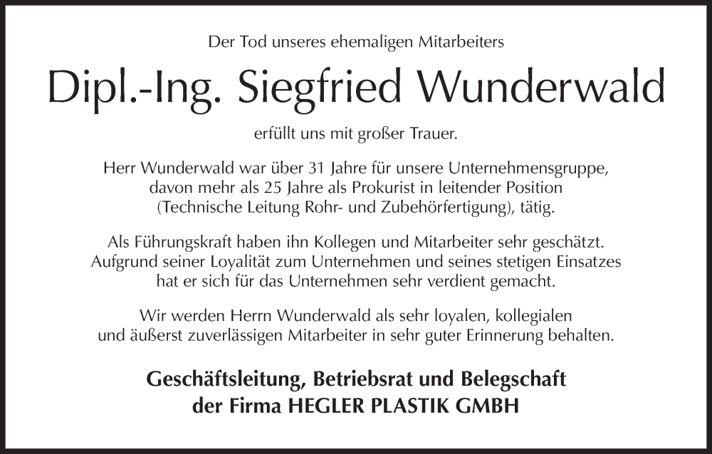  Traueranzeige für Siegfried Wunderwald vom 07.07.2025 aus MGO