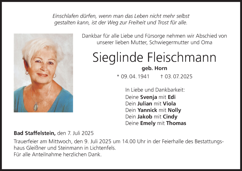  Traueranzeige für Sieglinde Fleischmann vom 07.07.2025 aus MGO