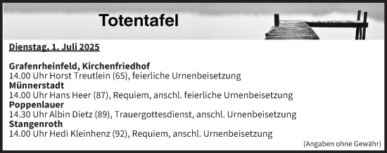 Anzeige von Totentafel vom 01.07.2025 von MGO