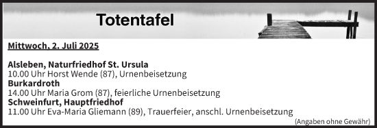 Anzeige von Totentafel vom 02.07.2025 von MGO