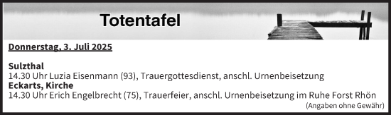 Anzeige von Totentafel vom 03.07.2025 von MGO