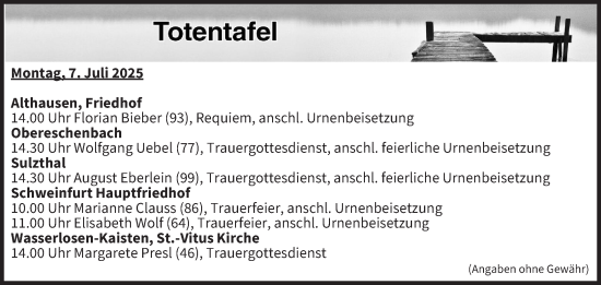 Anzeige von Totentafel vom 07.07.2025 von MGO