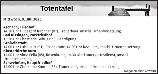 Anzeige von Totentafel vom 09.07.2025 von MGO