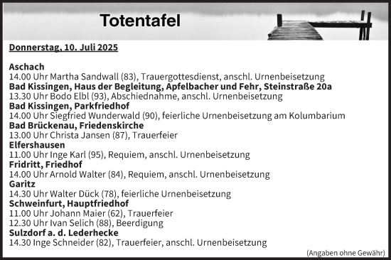 Anzeige von Totentafel vom 10.07.2025 von MGO