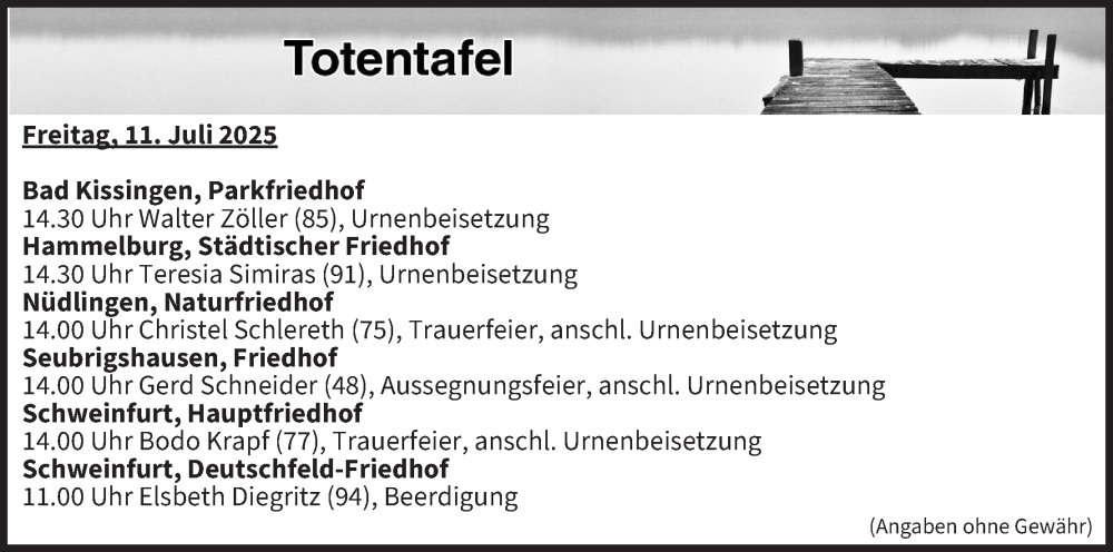  Traueranzeige für Totentafel vom 11.07.2025 vom 11.07.2025 aus MGO