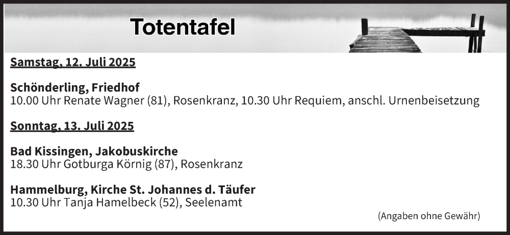  Traueranzeige für Totentafel vom 12.07.2025 vom 12.07.2025 aus MGO