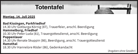 Anzeige von Totentafel vom 14.07.2025 von MGO
