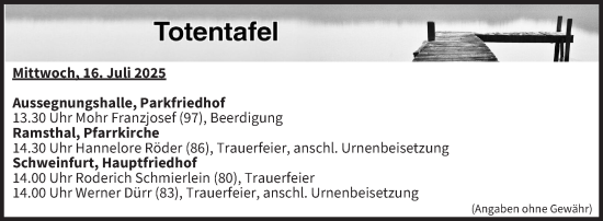 Anzeige von Totentafel vom 16.07.2025 von MGO