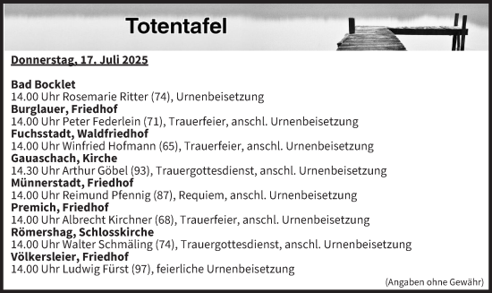 Anzeige von Totentafel vom 17.07.2025 von MGO